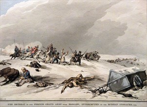 Aquatint with hand-colouring titled 'The Retreat of the French Grand Army from Moscow Intercepted by the Russian Cossacks' by John Augustus Atkinson