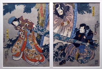 Colour woodblock triptych titled 'A struggle in the Dark' by Utagawa Kuniyoshi