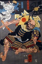 Colour woodblock triptych titled 'The Eight Great Tengu subduing Benkei' by Utagawa Kuniyoshi