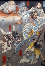 Colour woodblock triptych titled 'The Eight Great Tengu subduing Benkei by Utagawa Kuniyoshi