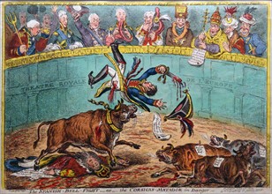 Hand-coloured etching titled 'The Spanish Bull Fight' by James Gillray