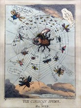Hand-coloured etching titled 'The Corsican Spider in his Web' by Thomas Rowlandson