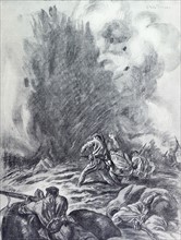 Nationalist soldiers advance under enemy fire;Illustration from the Spanish Civil War