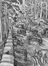 Nationalists artillery cross difficult terrain. Propaganda painting during the Spanish Civil War
