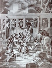 Illustration depicting Republican militiaman attacking priests and nuns on a train