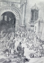 Illustration depicting civilian refugees in Madrid 1937