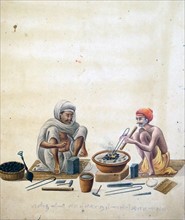 Watercolour illustration of a silversmith and his assistant