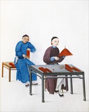 Colour illustration depicting Chinese men making tassels for hats