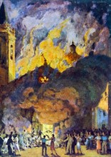 fires burn in Seville during the Spanish Civil War 1936
