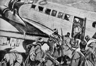 Moroccan troops board aircraft, after the military uprising which began the Spanish Civil War 1937