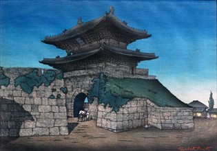 Colour woodcut of the East Gate (Dongdaemun), Seoul