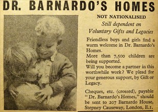 Advert for Dr barnardo's orphanage, London 1930