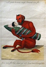 Hand-coloured etching titled 'Le petit homme rouge berçant son fils' by Anonymous