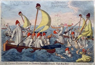 Hand-coloured etching titled 'The Coffin Expedition' by Charles Williams