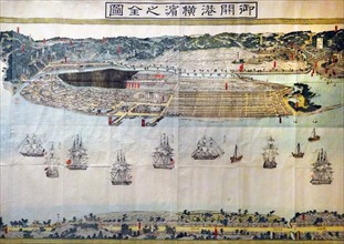 Colour woodblock print of the Complete Picture of the Officially Opened Port of Yokohama, near Edo (Tokyo)
