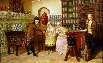A medical practitioner taking a lady's pulse in a pharmacy' by Emili Casals I Camps