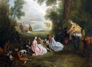 Painting tilted 'The Halt During the Chase' by Jean-Antoine Watteau