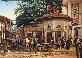 Photomechanical print of a street at Stamboul with fountain