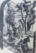 Illustration depicting Civil Guard evacuating Catholic nuns from a buring convent