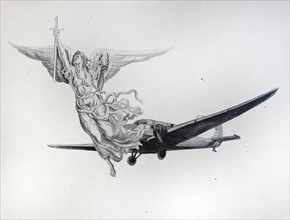 Propaganda A winged victory figure floating in front of a Nationalist aircraft
