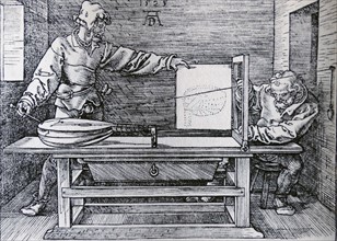 Woodcut titled 'Demonstration of Prespective drawing of a lute' by Albrecht Dürer