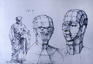 Sketch titled 'Two Heads Divided into Facets' by Albrecht Dürer