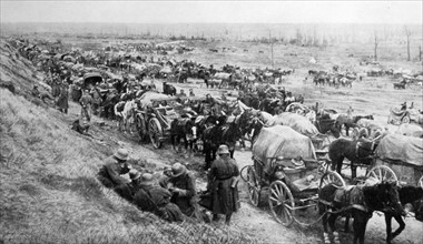 World war one: German soldiers transport provisions and supplies through Belgium 1914