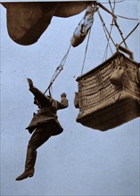 German aviator jumps from his airship after it is attacked by enemy aircraft in World war one 1917
