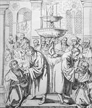 Luther and Huss administering the communion to John Fredric I of Saxony