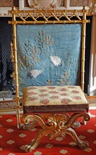 18th century footstool with embroidered fire cover or decorative screen