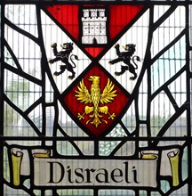 Disraeli family crest in a stained glass window at Hughenden Manor