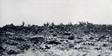 World war One: German troops run across a muddy terrain