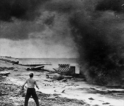 Man watching the destruction of the seawall after a hurricane