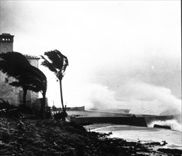 Destruction of the seawall after a hurricane