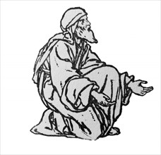 Engraving of a man begging