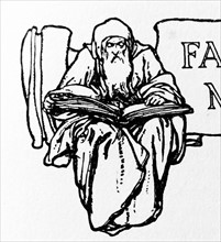 An elderly man reading from a large book
