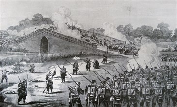 Engraving depicting the attack on the bridge at Pa-Li-Chian