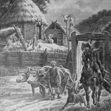 Engraving depicting the Stockade house of a German farmer during the 12th Century