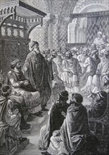 Engraving depicting the crowning of Hugh Capet as King of France at Rheims