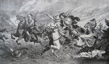 Engraving depicting the devastating onslaught of the plundering Magyars