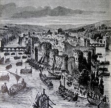 Engraving depicting Paris being besieged by the Northmen in the 9th Century