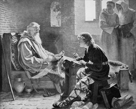 Engraving depicting Saint Bede the Venerable on his death-bed