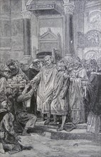 Engraving depicting King Louis VII of France distributing gold and silver to the church and the poor