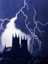Lightening strike over a cathedral