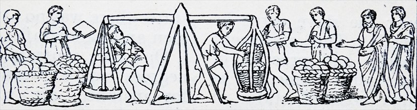 Woodcut depicting Roman slaves weighing produce