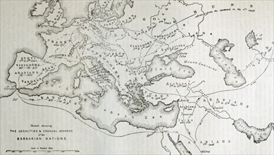 Map illustrating the localities of origin or occupation, and gradual advance of the Barbarian Nations