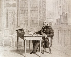 Illustration of King Louis XVIII of France drawing up the 'Charta' at St. Ouen