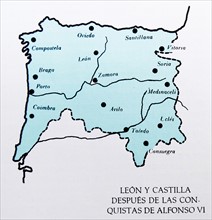 Map showing the Spanish provinces of Leon and Castille at the time of King Alfonso VI