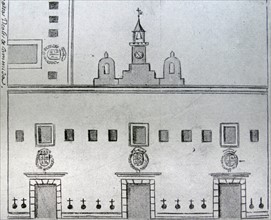 Engraving depicting the Façade of the National Palace in Mexico