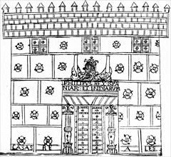 Woodcut depicting the Façade of the National Palace in Mexico